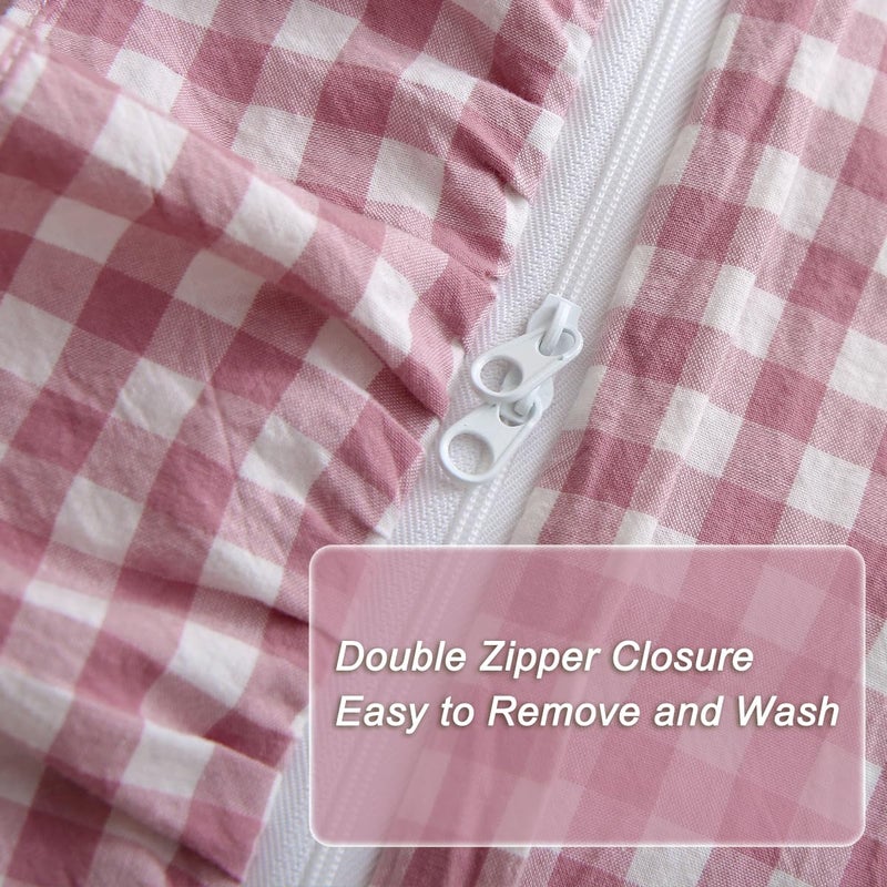 Silnuo Vintage Pink/White Plaid Ruffle 3-Piece Duvet Cover Set Queen Size,Washed Cotton Shabby Gingham Checkered Bedding Set Farmhouse Comforter Set - Image 4